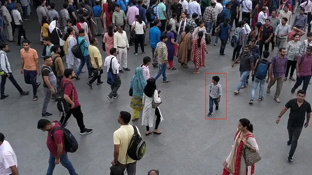 Child alone in the crowd on a CCTV camera