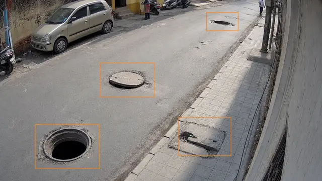 Open and damaged manholes on a CCTV camera